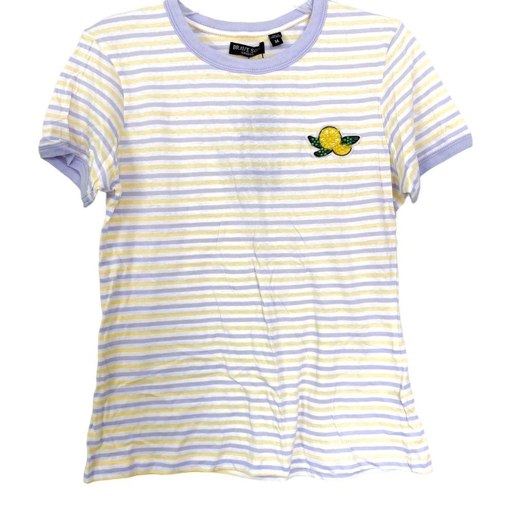 Brave Soul ASOS White Striped Retro Embroidered Tee Short Sleeve M